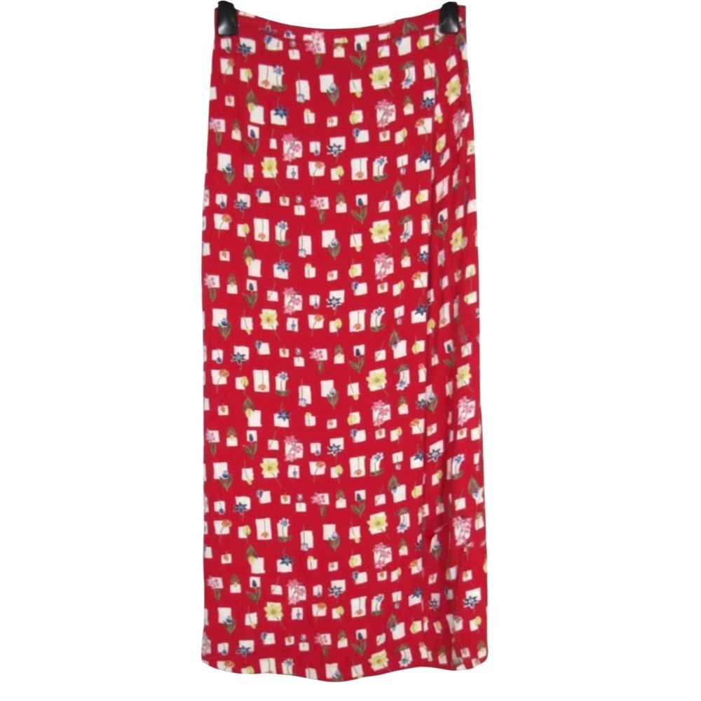 VTG RIVER RIDGE Red Twill FLORAL/GEOMETRIC Slit Back FAUX WRAP MIDI SKIRT Sz 10